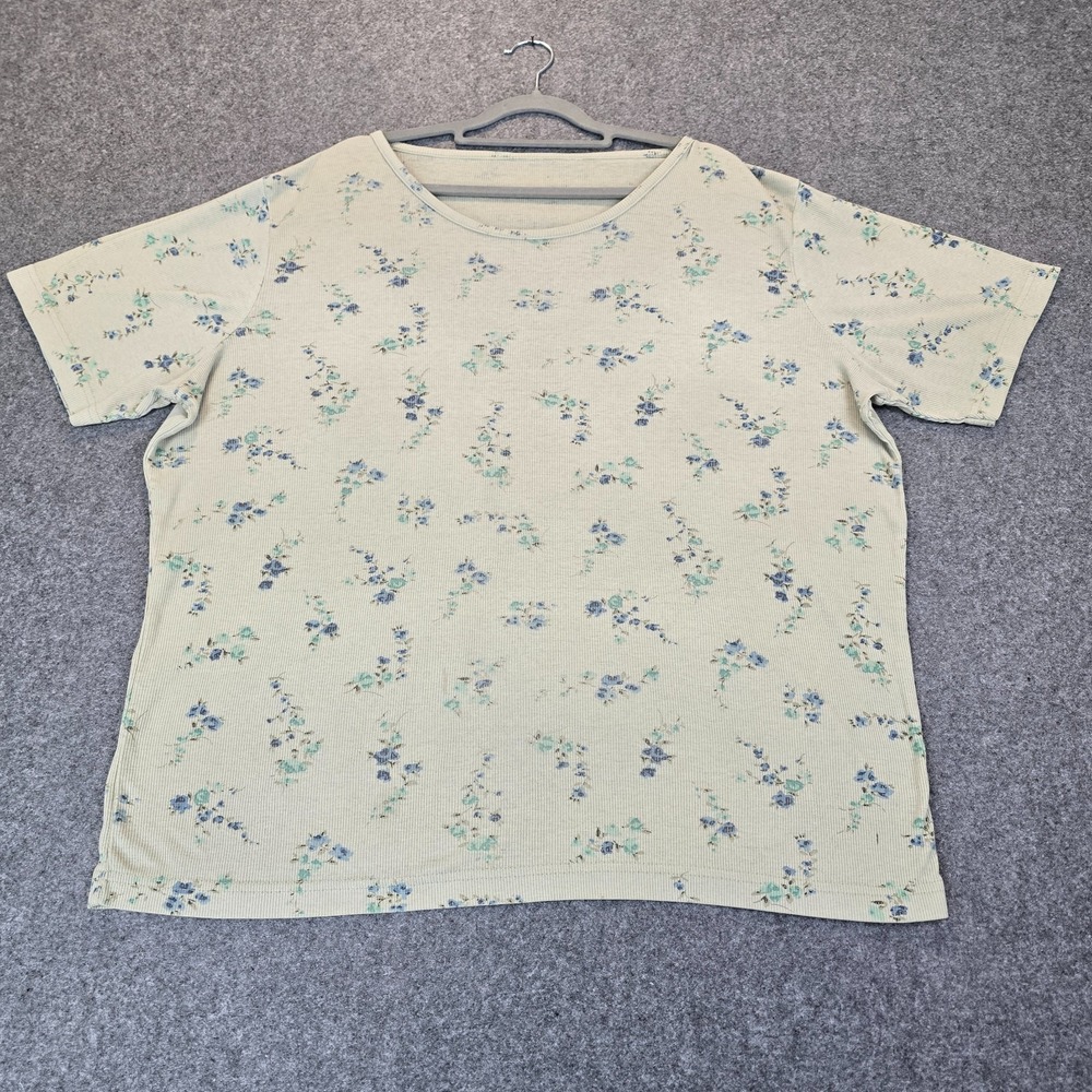 Womens T-Shirt Cream Knit Ditsy Floral All Over Print Knit Summer Short Sleeve
